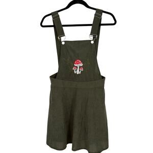 Mushroom Embroidery Suspender Green Corduroy Style Polyester Dress Size Medium